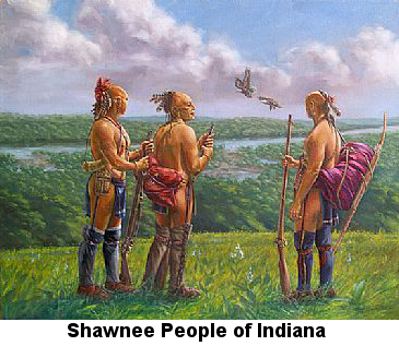 Color painting of three Native American men in native dress (partially shaved heads with feathers in their hair, wearing loincloths and leggings, holding long rifles and bows, standing on a high grassy hill overlooking a river surrounded by forest